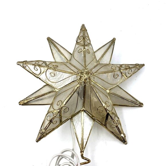 Capiz Shell Star Christmas Tree Topper Light Up Plug In Gold Swirl Trim 8 x 8" - Picture 2 of 9